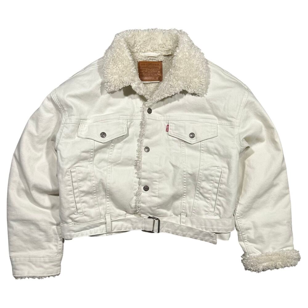Levis Premium Womens Denim Jacket Size Medium White Sherpa Lined Cropped Fit